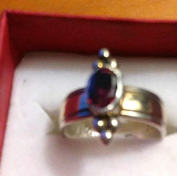 Garnet Ring set in Silver with 14k gold inlay